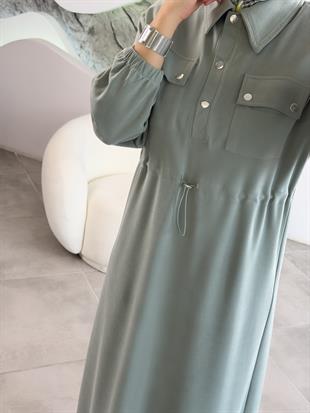 Beli Tünelli Gömlek Yaka Mint Renk Kadın Elbise