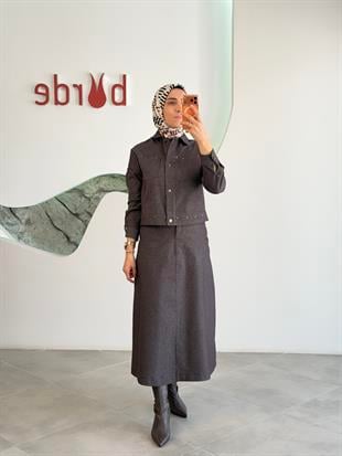 Belli Denim Zımba Detaylı Etekli  Takım 25K6013 Kahverengi