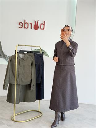 Belli Denim Zımba Detaylı Etekli  Takım 25K6013 Kahverengi