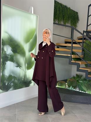 Belli Düğme Detaylı Pantolonlu Takım 25K6014 Bordo