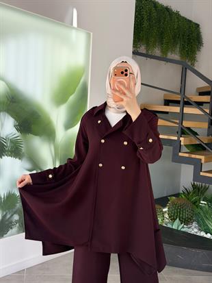 Belli Düğme Detaylı Pantolonlu Takım 25K6014 Bordo