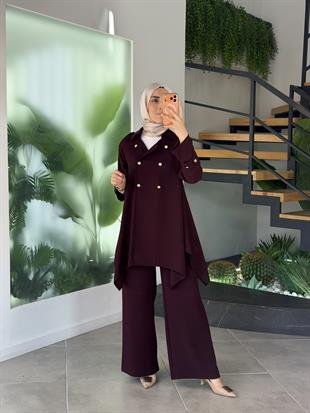 Belli Düğme Detaylı Pantolonlu Takım 25K6014 Bordo