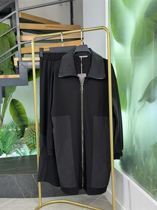 Belli Paraşüt Kumaş Garnili Pantolonlu Takım 25K6002 Siyah