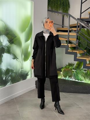 Belli Paraşüt Kumaş Garnili Pantolonlu Takım 25K6002 Siyah