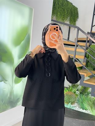 Belli Şifon Ve File Garnili Pantolonlu Takım 25K6022 Siyah