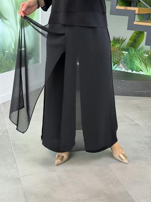 Belli Şifon Ve File Garnili Pantolonlu Takım 25K6022 Siyah