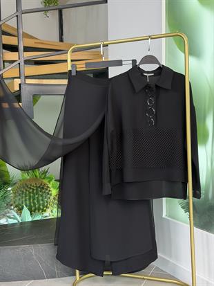 Belli Şifon Ve File Garnili Pantolonlu Takım 25K6022 Siyah