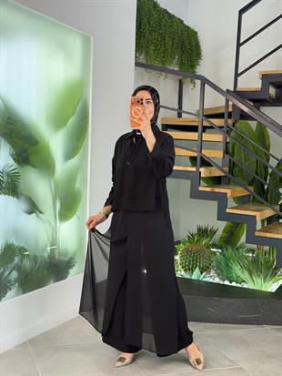 Belli Şifon Ve File Garnili Pantolonlu Takım 25K6022 Siyah