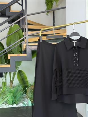 Belli Şifon Ve File Garnili Pantolonlu Takım 25K6022 Siyah