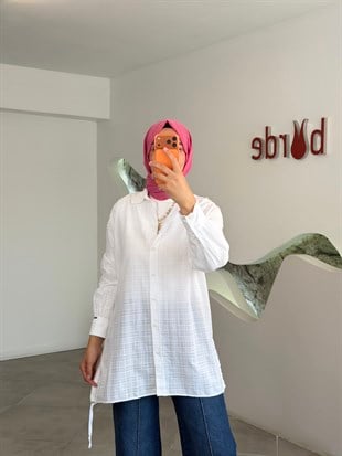Beyaz Renk İp Büzgü Detaylı Pamuklu Gömlek