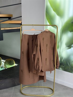 Kahve Renk Boncuk İşlemeli Kimonolu Takım