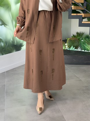 Kahve Renk Boncuk İşlemeli Kimonolu Takım