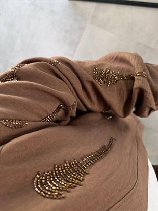 Kahve Renk Boncuk İşlemeli Kimonolu Takım