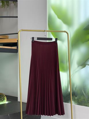 Bordo Renk Beli Lastikli Piliseli Etek