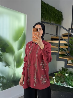 Bordo Renk Boncuk İşlemeli Modal Gömlek