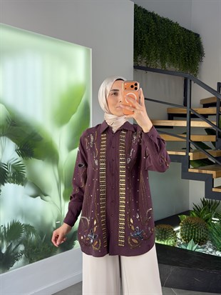 Bordo Renk Boncuk Ve Pulet İşlemeli Tensel Gömlek