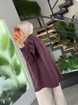 Bordo Renk Boncuk Ve Pulet İşlemeli Tensel Gömlek