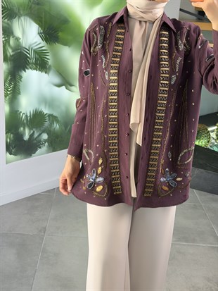 Bordo Renk Boncuk Ve Pulet İşlemeli Tensel Gömlek