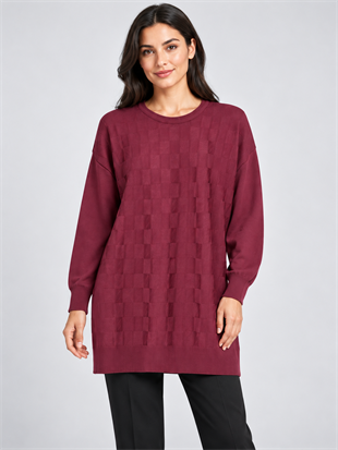 Bordo Renk Dama Desenli Merserize Tunik