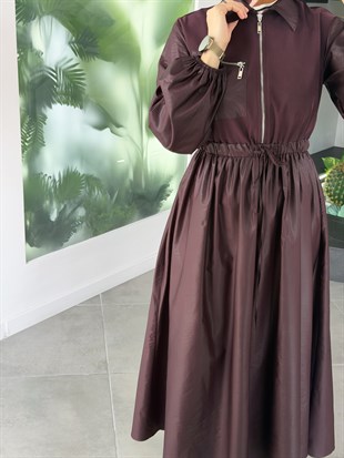 Bordo Renk Deri Görünümlü Fermuar Detaylı Elbise