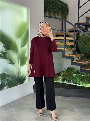 Bordo Renk Etiket Detaylı İki İplik Basic Tunik