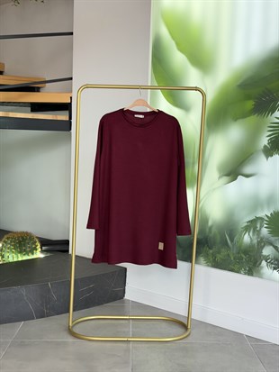 Bordo Renk Etiket Detaylı İki İplik Basic Tunik