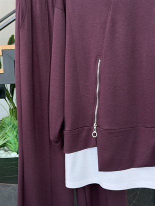 Bordo Renk Fermuar Detaylı Pantolonlu Takım
