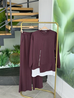 Bordo Renk Fermuar Detaylı Pantolonlu Takım