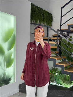 Bordo Renk İnci Broşlu Fermuarlı Tunik Ceket