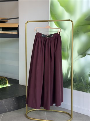 Bordo Renk Kemer Ve Pile Detaylı Cotton Etek