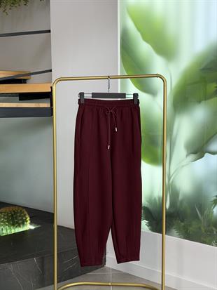 Bordo Renk Kesik Detaylı Konik Pantolon