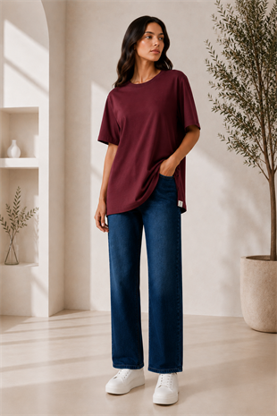 Bordo Renk Kısa Kollu Basic Tshirt