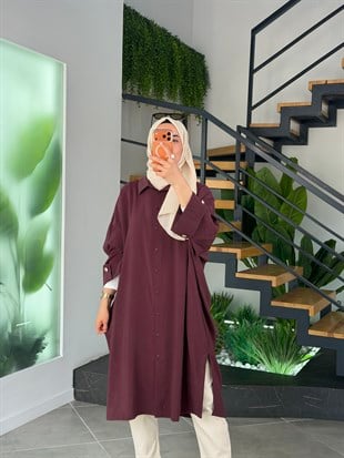 Bordo Renk Kol Manşet Detaylı Gömlek Tunik