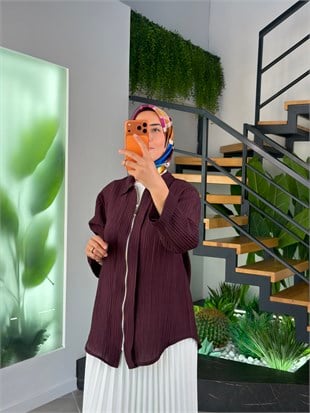 Bordo Renk Pile Detaylı Fermuarlı Ceket