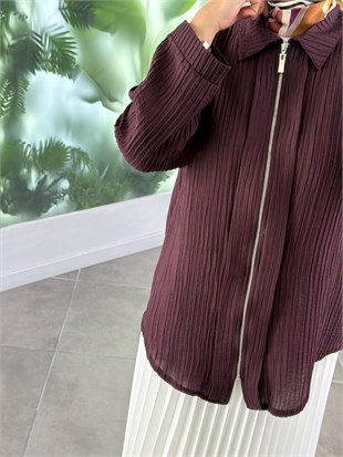 Bordo Renk Pile Detaylı Fermuarlı Ceket