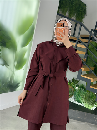 Bordo Renk Seyyar Kemerli Pantolonlu Takım