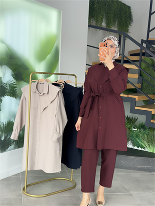 Bordo Renk Seyyar Kemerli Pantolonlu Takım