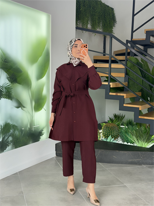 Bordo Renk Seyyar Kemerli Pantolonlu Takım