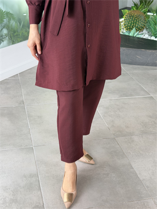 Bordo Renk Seyyar Kemerli Pantolonlu Takım