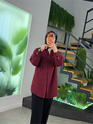 Bordo Renk Süet Kumaş Cep Detaylı Gömlek