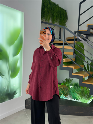 Bordo Renk Süet Kumaş Cep Detaylı Gömlek