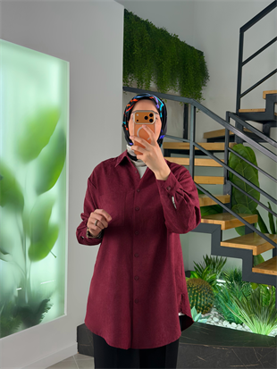 Bordo Renk Süet Kumaş Cep Detaylı Gömlek