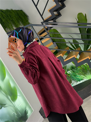 Bordo Renk Süet Kumaş Cep Detaylı Gömlek