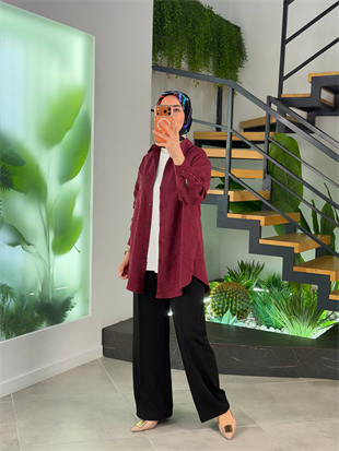 Bordo Renk Süet Kumaş Cep Detaylı Gömlek