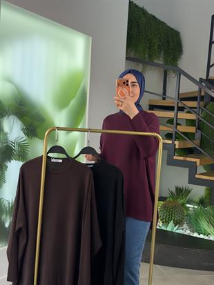Bordo Renk Yan Yırtmaç Detaylı Triko Tunik