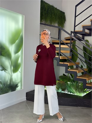Bordo Renk Yaprak Taş Detaylı Tunik