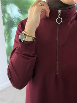 Bordo Renk Yarım Fermuarlı Basıc Kadın Tunik