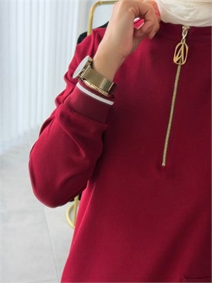 Bordo Renk Yarım Fermuarlı Tunik 26KT452