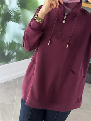 Bordo Renk Yüksek Yakalı Cepli S-Shırt