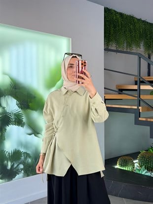 Çağla Renk Asimetrik Bağlamalı Gömlek